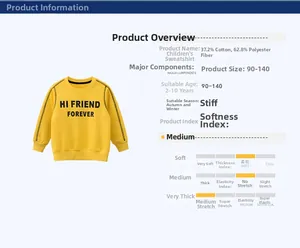 Detailed size chart and specifications for boys' yellow fleece-lined cotton sweatshirt