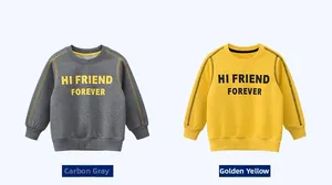 Detail of boys' crewneck sweatshirts in charcoal gray and golden yellow with slogan print