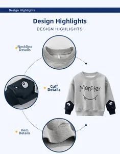 Detail view showing monster embroidery and stitched cuffs on grey kids sweatshirt