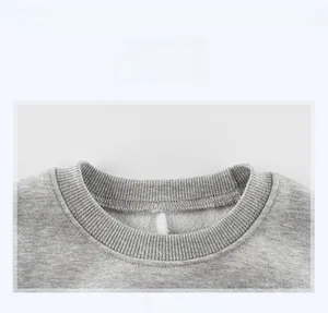 Macro view of ribbed crewneck neckline and soft white fleece lining of a grey sweatshirt