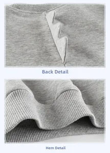 Detail view of grey sweatshirt showing 3D dinosaur back fins and ribbed hem design
