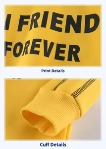 Macro detail of yellow sweatshirt showing rubberized printing and ribbed elastic cuffs
