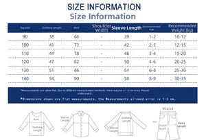 Detailed size chart for kids' hoodies from 90 to 140 including height and weight data