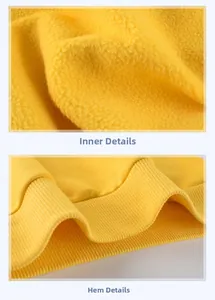 Close-up of yellow sweatshirt featuring soft fleece lining and elastic ribbed hem details