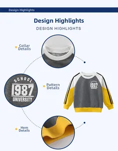 Detail of kids' crewneck sweatshirt with grey body, yellow sleeves and vintage school print