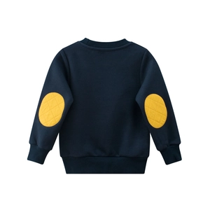 Kids navy crewneck sweatshirt with yellow elbow patches and quilted details on white background