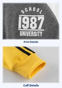 Detail of school 1987 university print and yellow ribbed cuffs on grey cotton sweatshirt