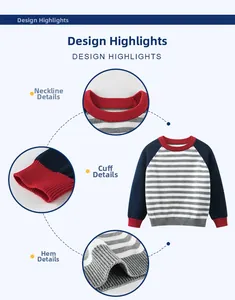 Detail view of striped children's sweater showing red ribbed neckline and sleeve cuffs