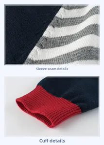 Detail of striped knitted sweater sleeve seams and red ribbed elastic cuffs for boys