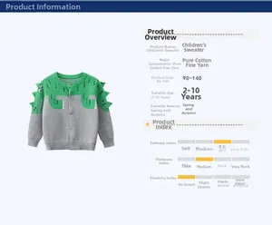 Detail of pure cotton dinosaur knitted sweater showing green and grey patchwork texture