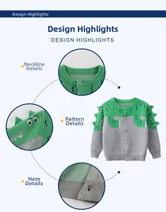 Detail of kids knit cardigan with dinosaur spikes and ribbed crew neck design