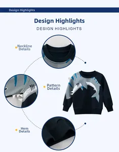 Detail view of boys' fleece sweatshirt featuring 3D shark print and ribbed cuffs