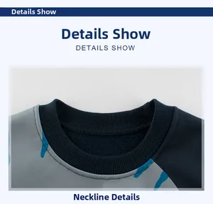 Close-up of the ribbed crew neck and textured blue camouflage pattern on boys' sweatshirt