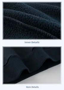 Detailed close-up of warm fleece lining and ribbed hem on a navy blue sweatshirt