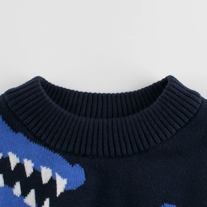Dark blue knit sweater for boys with a white shark-themed jacquard pattern and ribbed crew neck