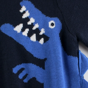 Dark blue knitted children sweater featuring a cartoon dinosaur with 3D fins detail