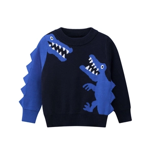 Kids long sleeve navy blue knit sweater featuring cartoon dinosaurs and 3D fin details