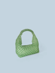 Light green handmade beaded tote bag with a woven semi-circle design for summer style