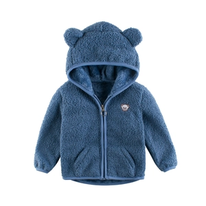 Kids blue fleece hooded jacket with bear ears and embroidery on a white background