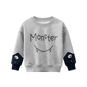 Grey cotton long sleeve sweatshirt with Monster print and funny sleeve monster eyes