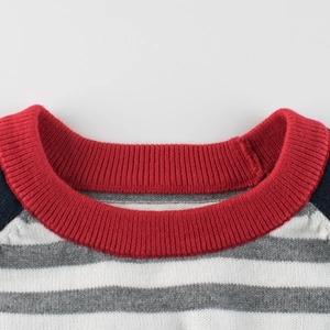 Boys striped knit sweater with red crew neck and navy raglan sleeves in gray and white
