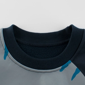 Boys gray sweatshirt with blue splash pattern and warm navy fleece lining details