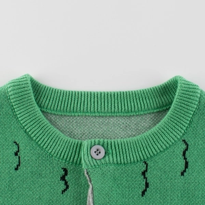 Green knit cardigan for boys featuring round neck ribbing and abstract pattern
