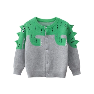 Kids dinosaur knit cardigan sweater in gray and green with 3D spikes for boys