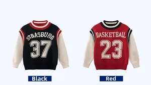 Flat lay detail of two kids' faux-layered knit sweaters in navy and red college style