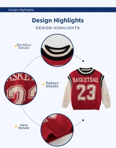Detail view of red boy's sweater with basketball 23 print and ribbed collar texture
