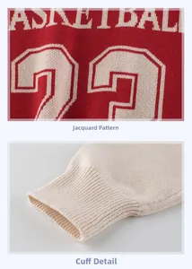 Detail of red knit sweater featuring basketball 23 jacquard text and ribbed cuff design