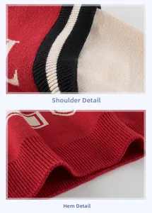 Close-up of red knit sweater details showing ribbed hem and striped cuffs