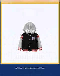 Detail of kids baseball hoodie with grey sleeves and TEAM 59 shield patch on chest