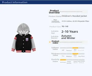 Size chart for kids hooded baseball jacket detailing cotton blend fabric and age 2-10 fit