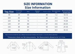 Detailed size chart for kids hoodies showing chest, length, and sleeve measurements