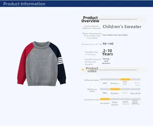 Détail d'un pull en tricot pour garçon en coton avec manches rouges et bleu marine rayées