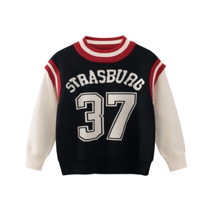 Kids navy blue and white faux two-piece knit sweater with Strasburg 37 varsity print