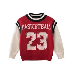 Red and white boys knit sweater with Basketball 23 print in preppy sports style