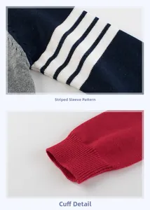 Gros plan détaillé de la manche en tricot avec rayures blanches et poignets rouges