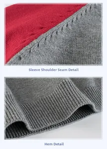 Détail des coutures d'épaule et de l'ourlet côtelé du pull en tricot rouge et gris
