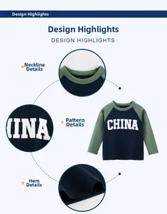 Detail view of cotton boy's long sleeve T-shirt with CHINA print and raglan sleeves