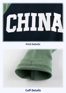 Detail of CHINA print and ribbed cuffs on boys cotton blend two-tone long sleeve T-shirt