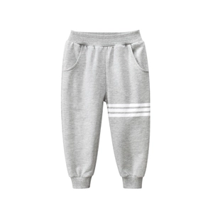 Classic grey cotton jogger pants for boys featuring white stripe details and ribbed cuffs