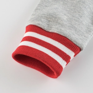 Gray kids hoodie with red ribbed cuffs and white stripes in a casual sporty style