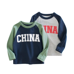 Boys Cotton Long Sleeve Raglan Shirt Contrast Color Letter Print Round Neck Casual Toddler Tee