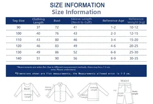 Detailed size chart for boys baseball jacket covering ages 1 to 9 years and height 90-140cm