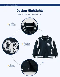 Detail view of boys varsity jacket with contrast sleeves and OK letter embroidery