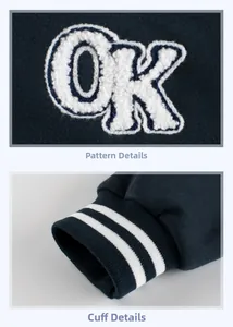 Detail of white towel-embroidered OK patch and navy blue ribbed cuffs on boys' jacket