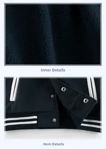 Detailed view of kids navy varsity jacket featuring warm fleece lining and striped hem