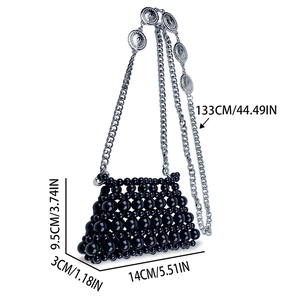 Detailed size view of black beaded mini bag with pearl beads and engraved metal chain